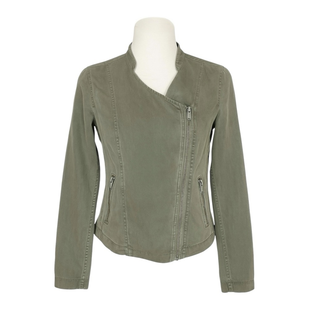 Lucky Brand Chambray Moto Jacket Small Olive Green 100% Tencel Zip Pockets Boho